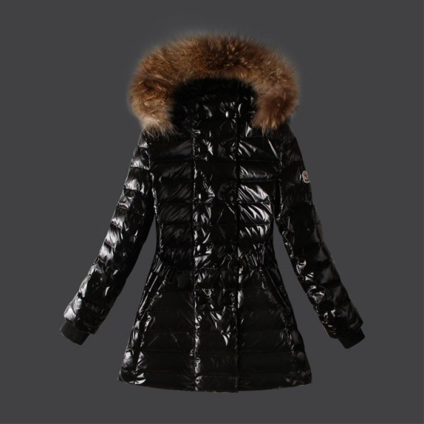 Moncler Moda Nero Pelliccia Cappuccio e Cintura caldo Cappotti